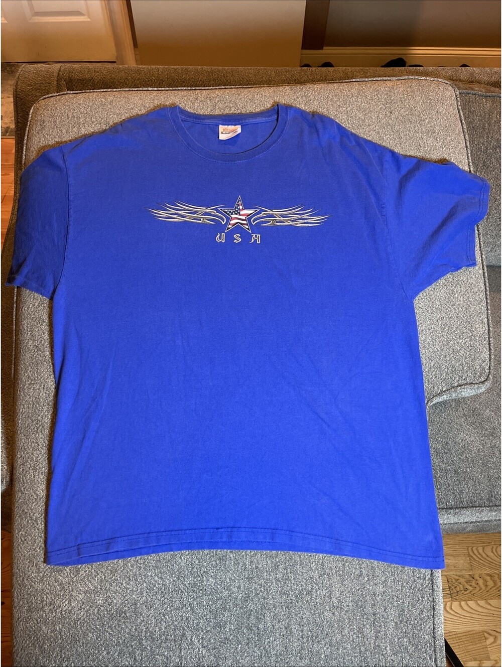 Y2K Hanes USA Start Blue Short Sleeve T-Shirt Size 2XL Skate Surf
